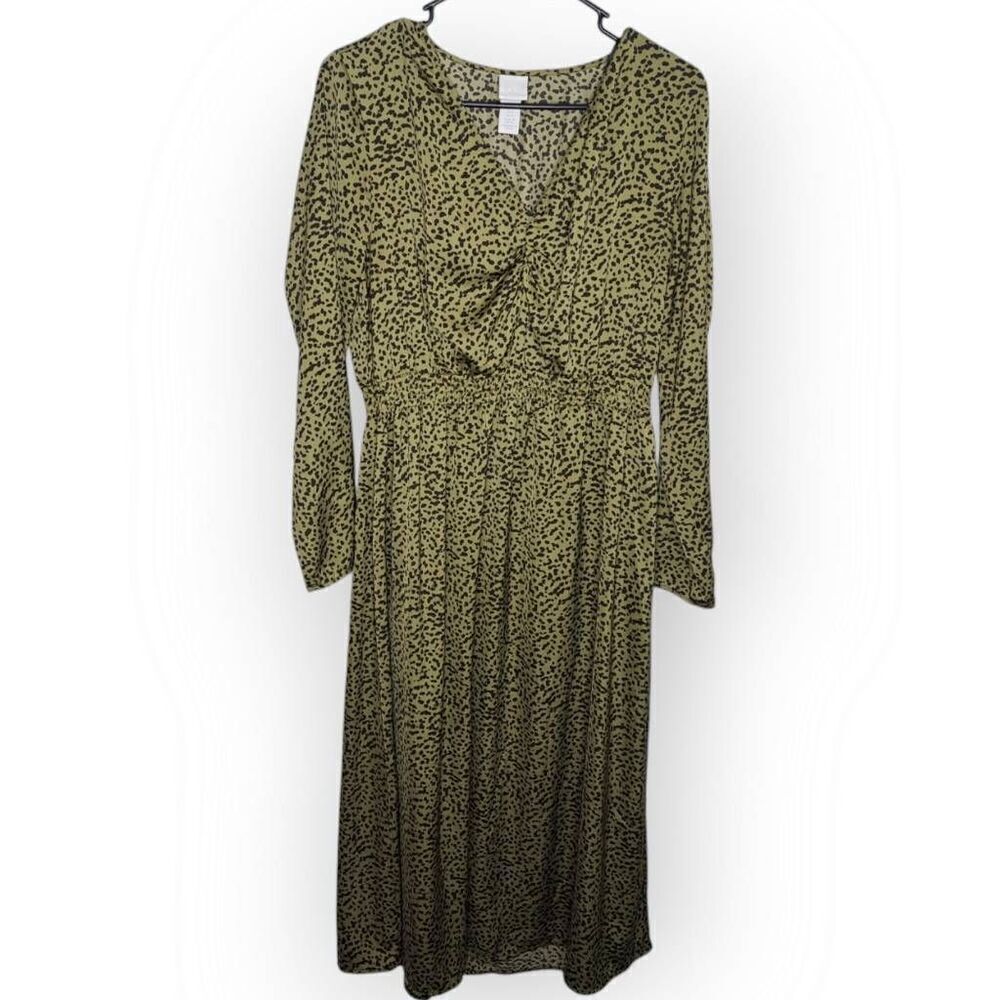 H&M Women's Patterned Satin Midi Dress Khaki Green Leopard Print size 8 US